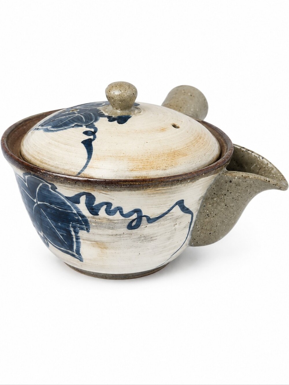 Japanese Style Kyusu Ceramic Teapot Blue White Floral Mesh Infuser